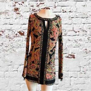 INC Black, Orange, Pink and Green Keyhole Paisley Tunic w Rhinestones Size Small